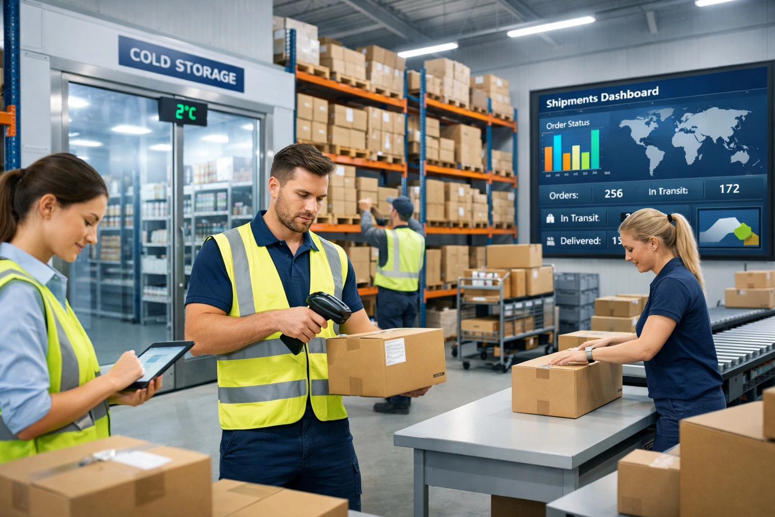 Warehouse and e-commerce fulfilment operations showing inventory storage, order packing, and tech-driven logistics