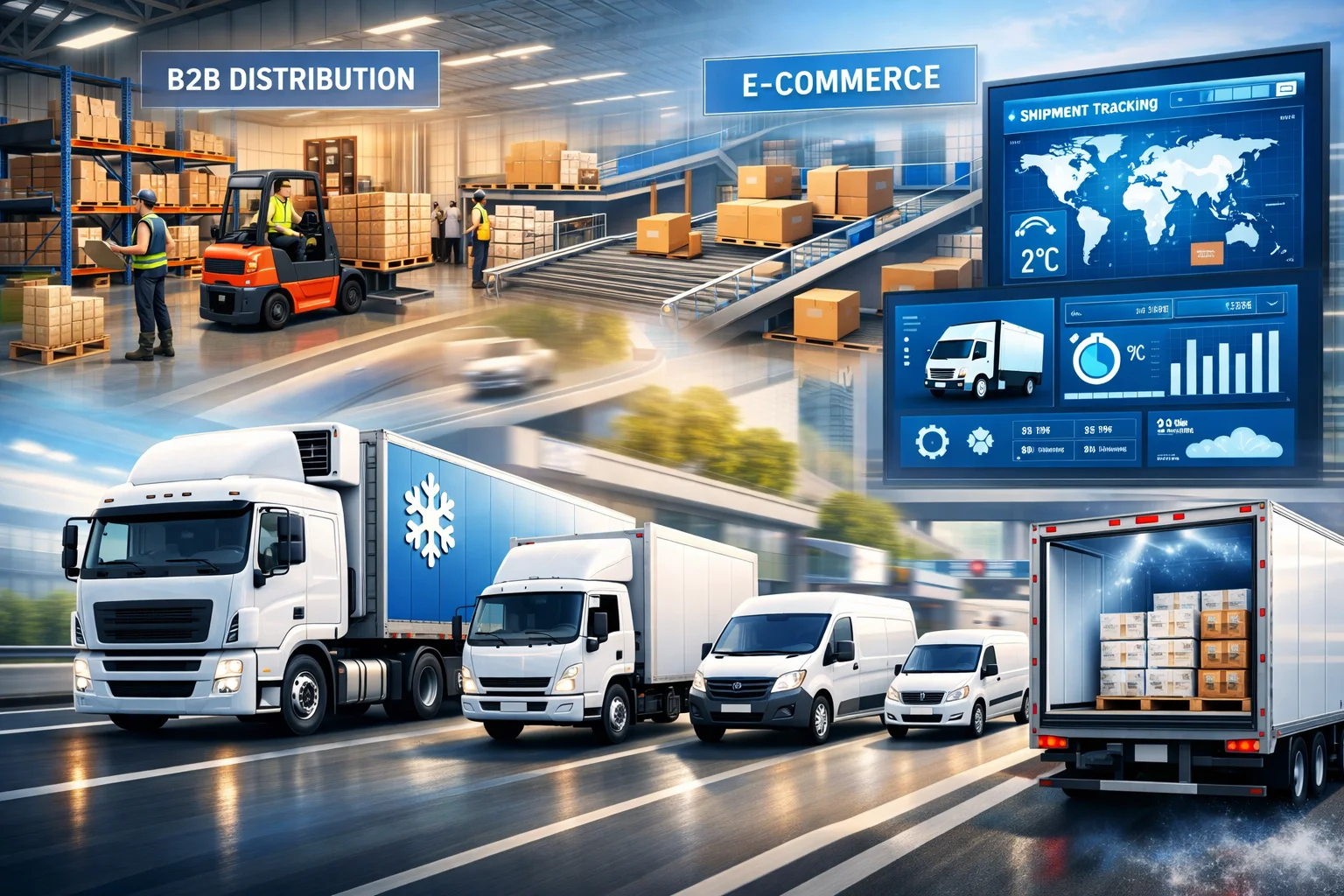 Domestic distribution trucks and fleet transporting goods across India, including last-mile delivery and warehouse logistics