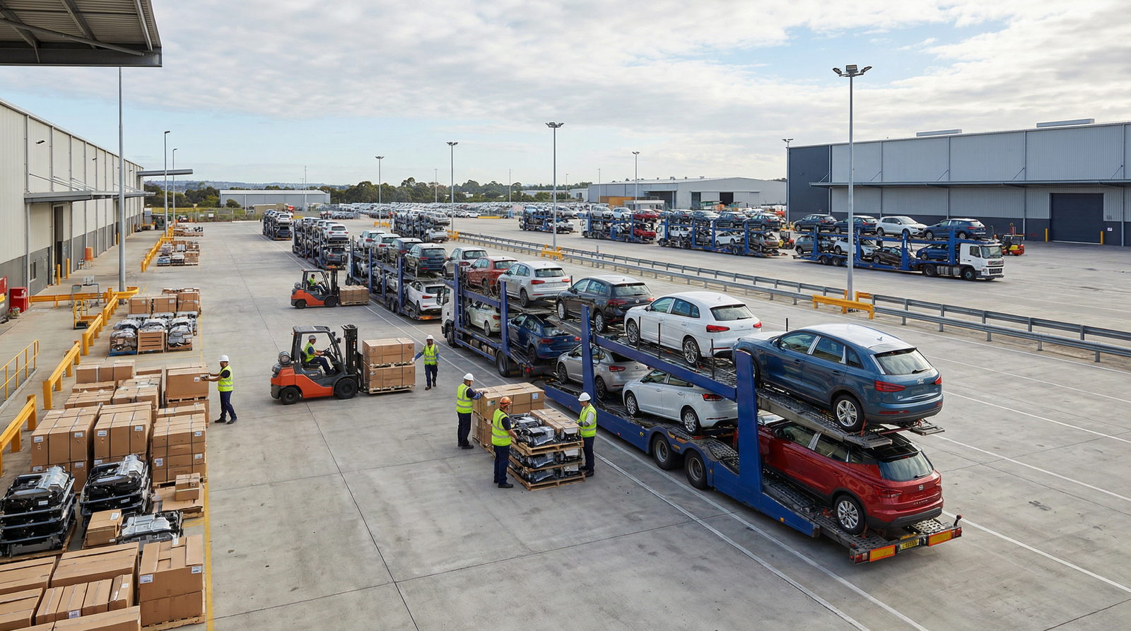 New vehicles being transported safely on multi-deck car carriers for dealership delivery