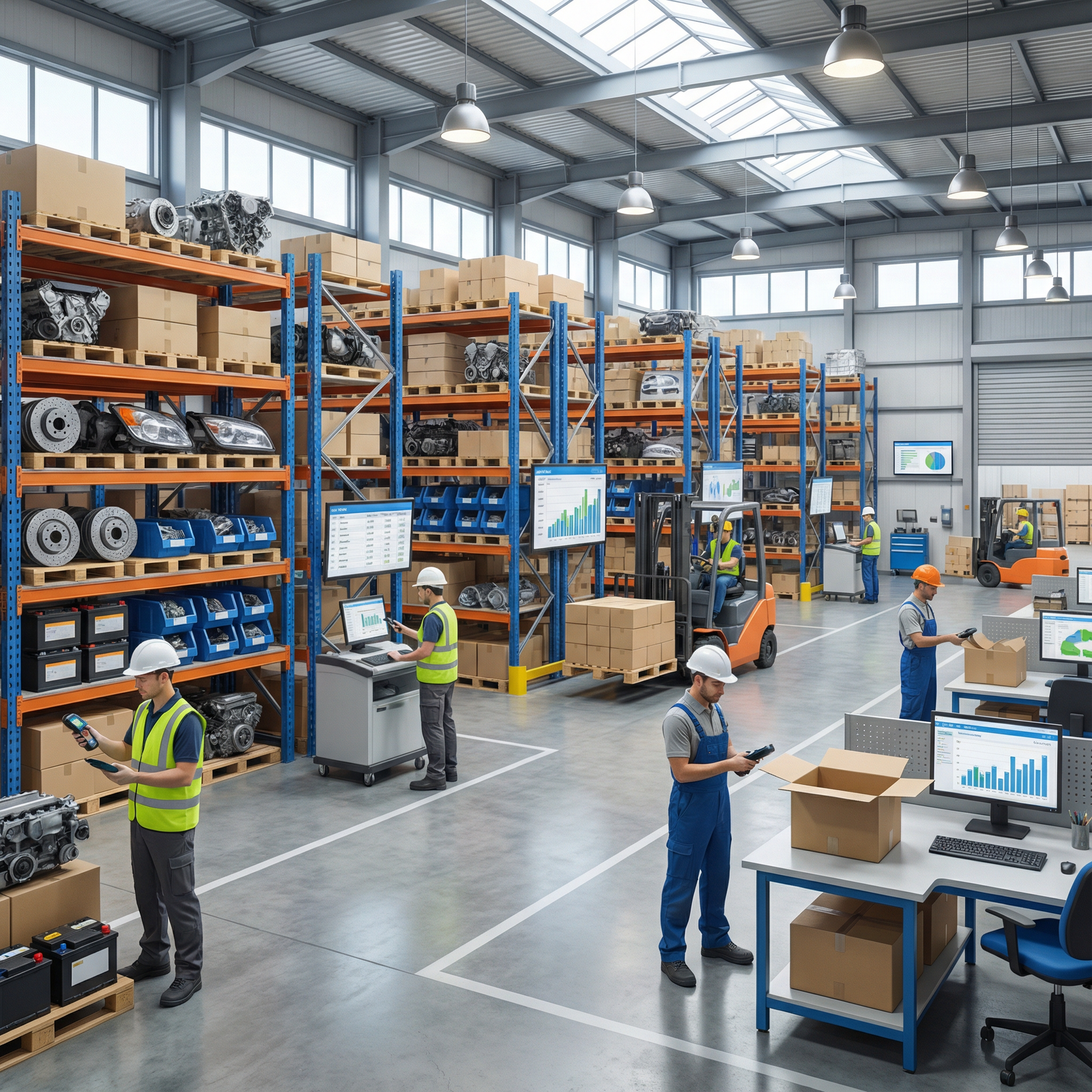 Automotive spare parts and components organized for efficient supply chain distribution